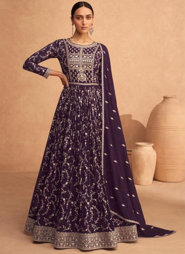 Georgette Purple Wedding Wear Embroidery Work Anarkali Suit